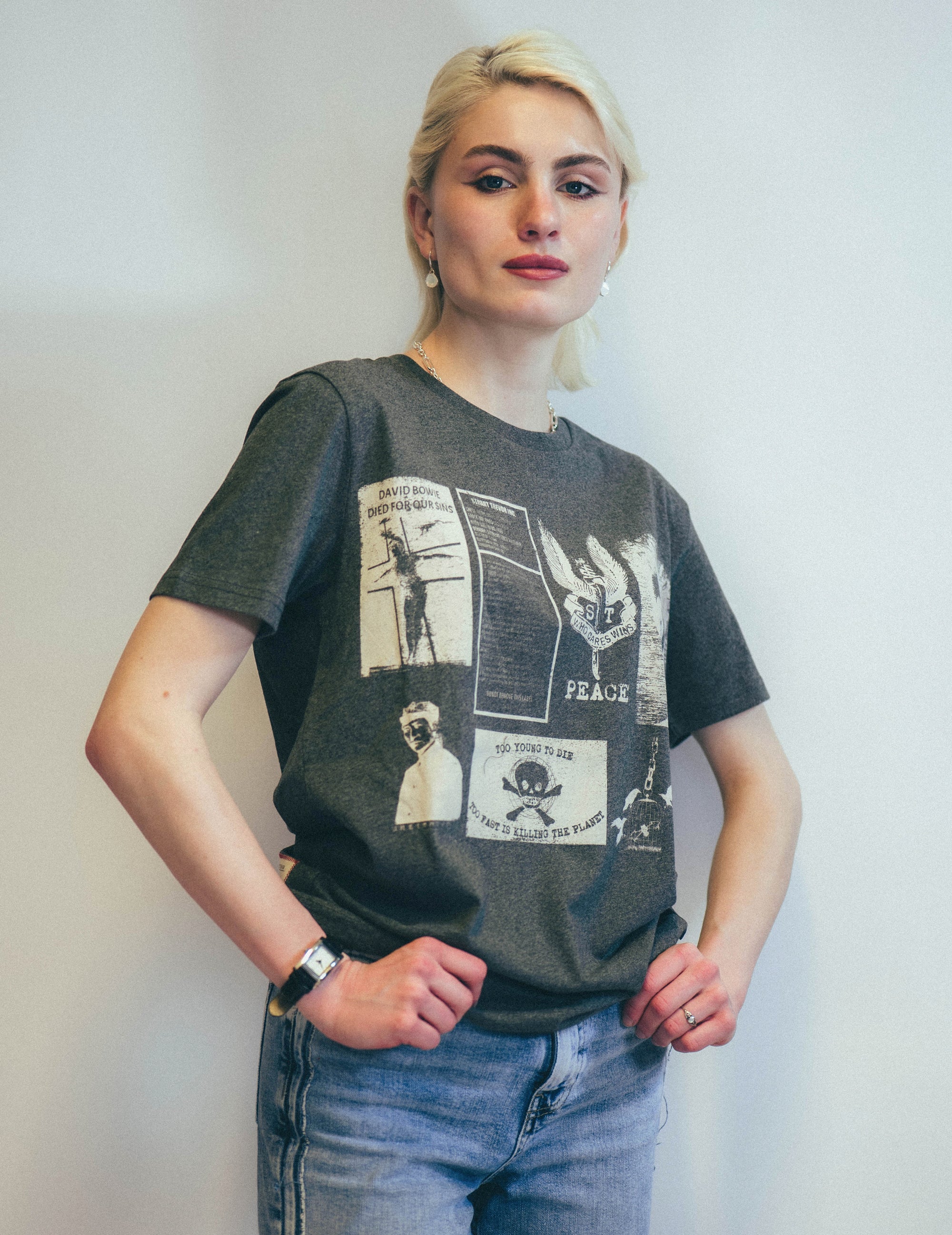 David Bowie inspired printed T-Shirt in Grey Marl