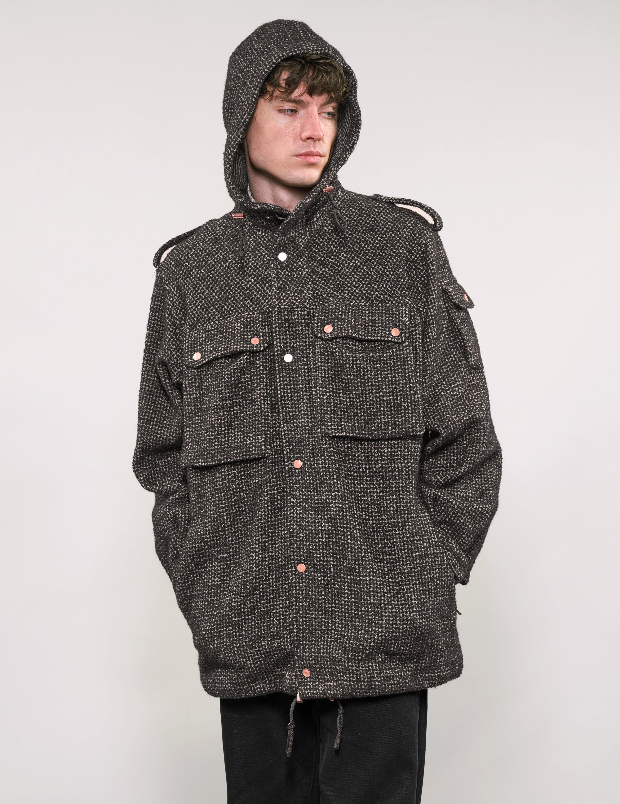 IMMORTAL Hooded Parka in Tweed Charcoal and Black