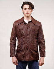 'Peace' Laser Printed Brown Leather Jacket