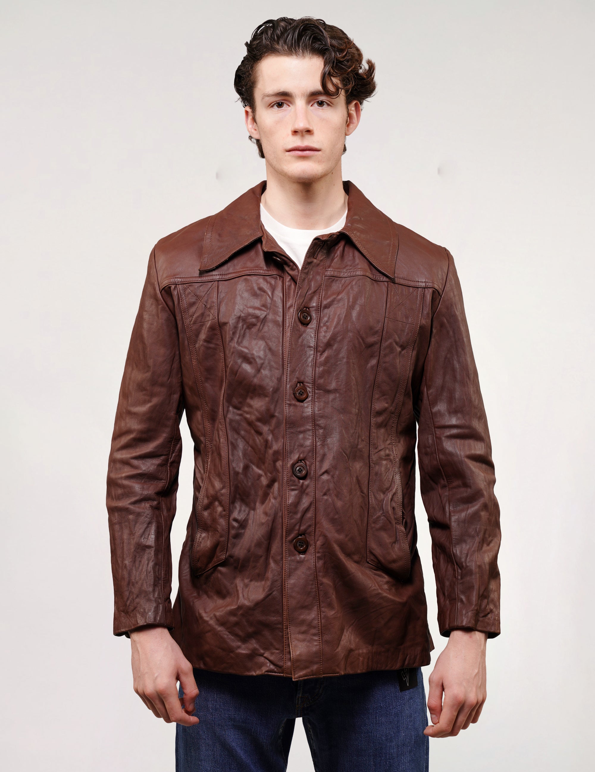 'Peace' Laser Printed Brown Leather Jacket