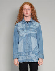'Peace' Laser Print Denim Shirt in Light Blue