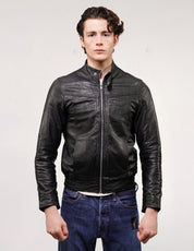 Vintage Style Black Leather Bomber Jacket