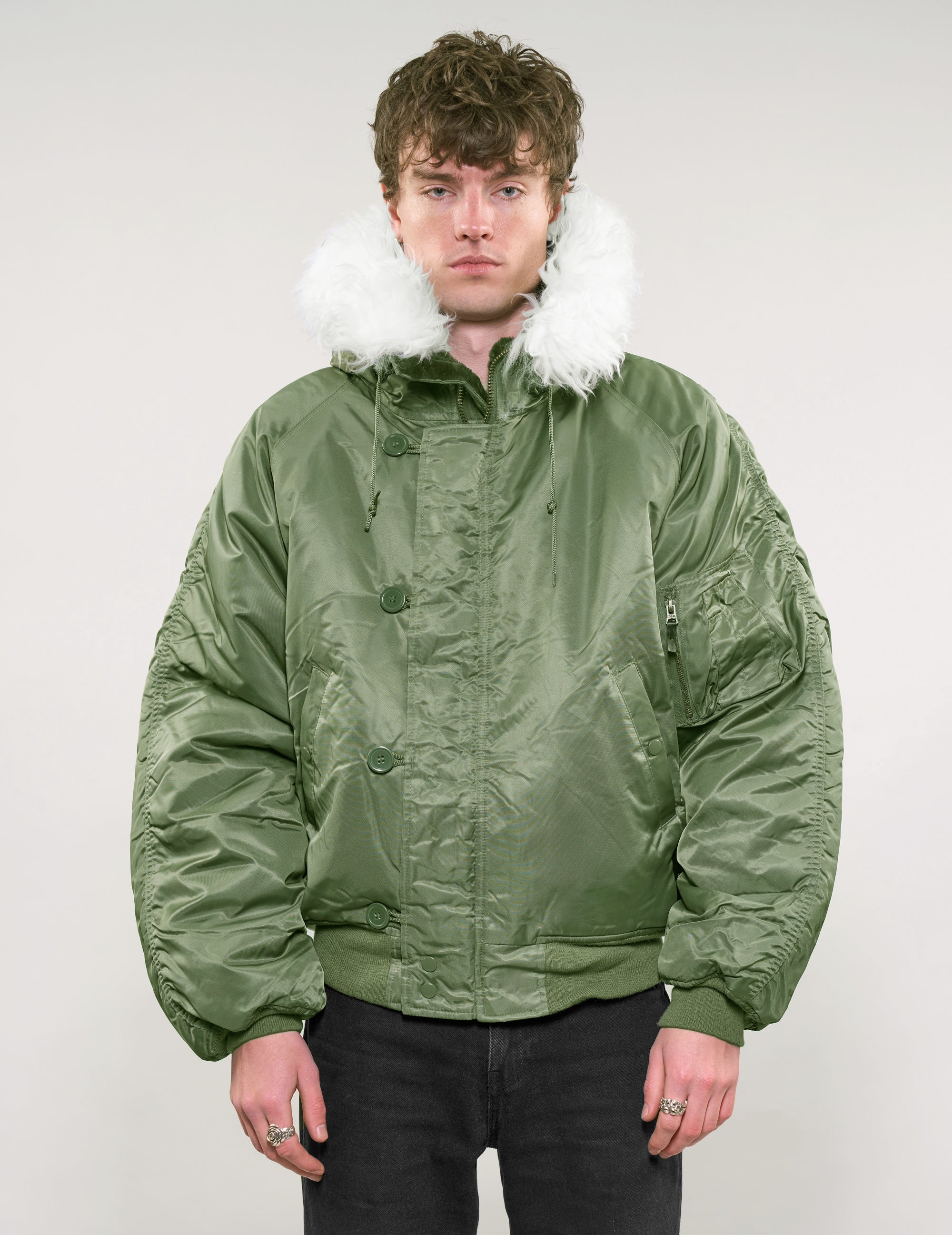 Zipped Hooded Flying Jacket in Green