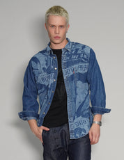'Peace' Laser Print Denim Shirt in Blue