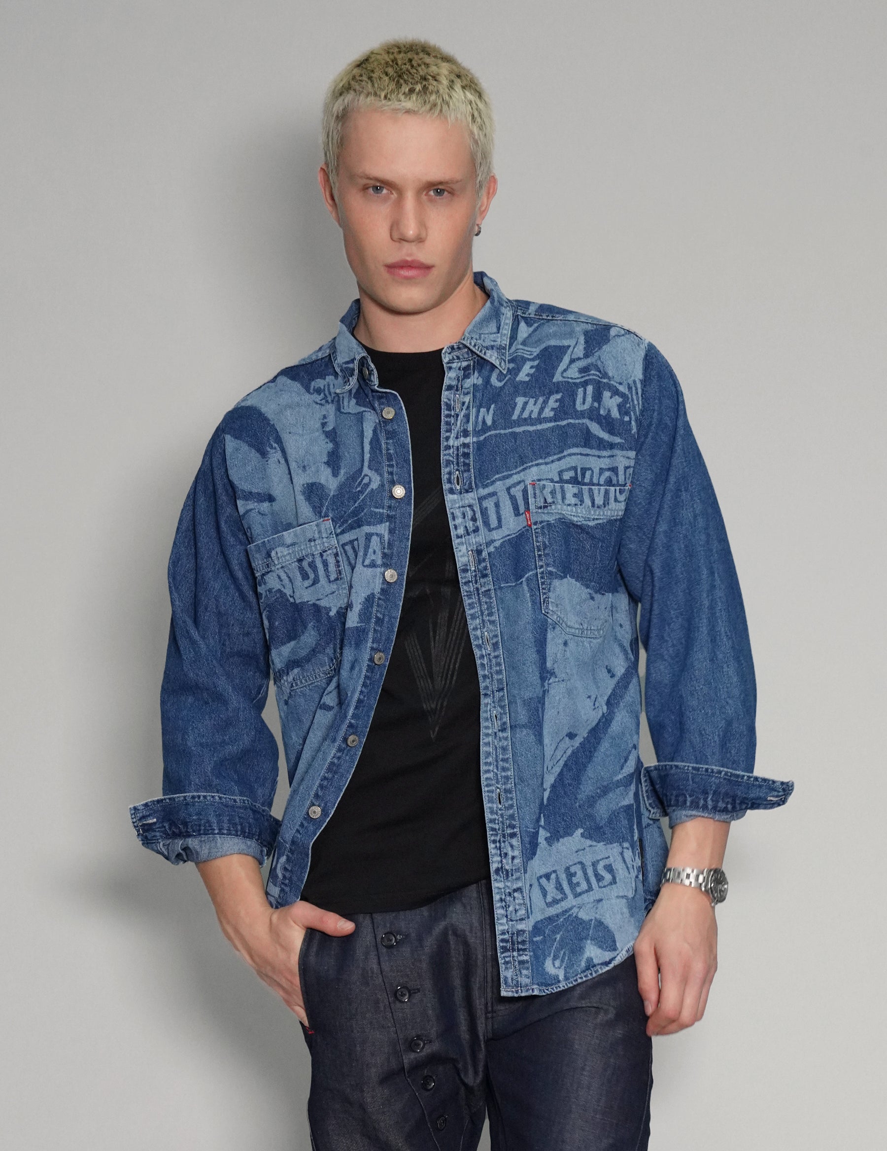 'Peace' Laser Print Denim Shirt in Blue