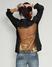 Party-Shirt mit Rückenausschnitt – Goldpailletten – Schwarze Baumwolle