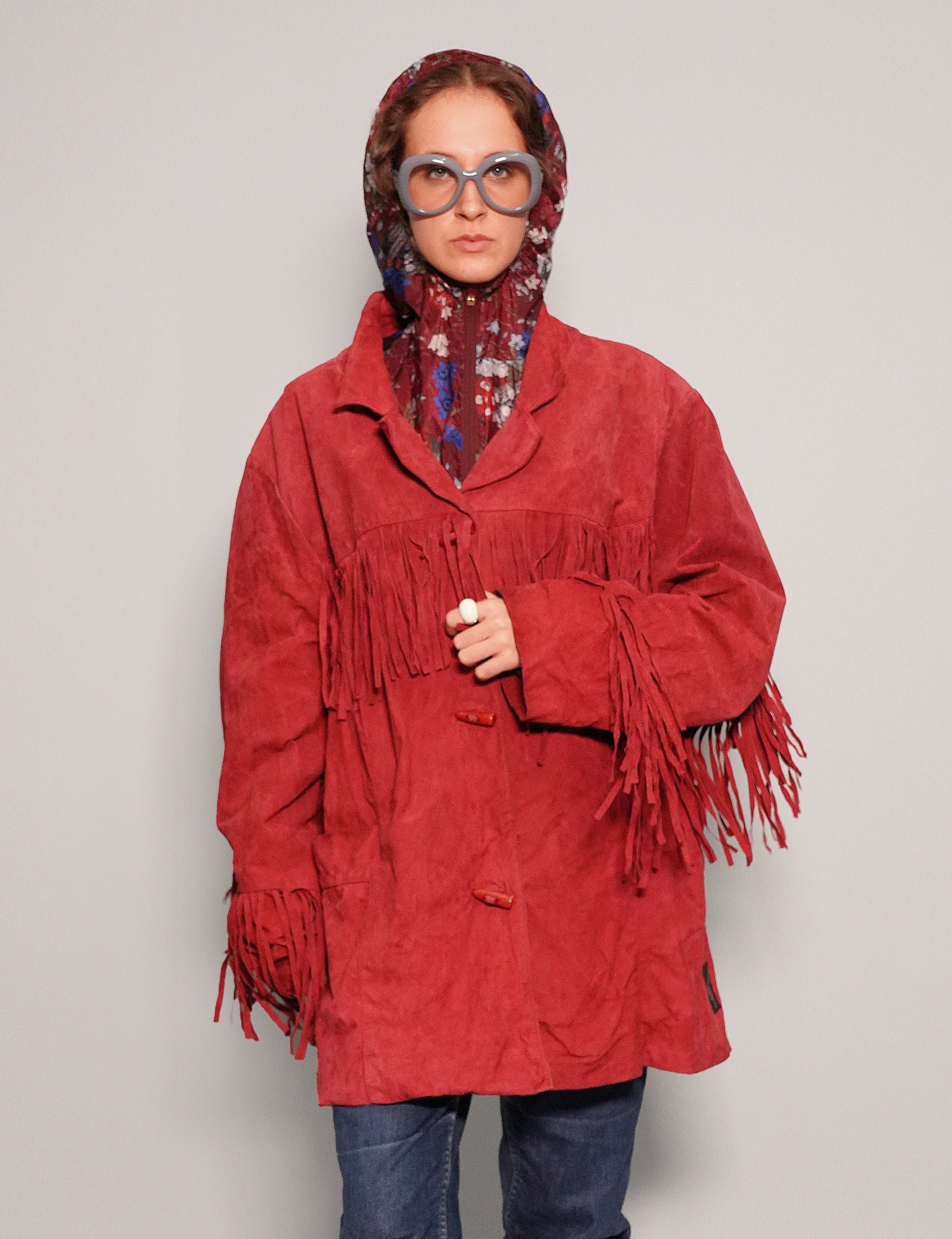 Women's Vintage Fringe Leather Cowgirl Jacket in Red | Stuart Trevor