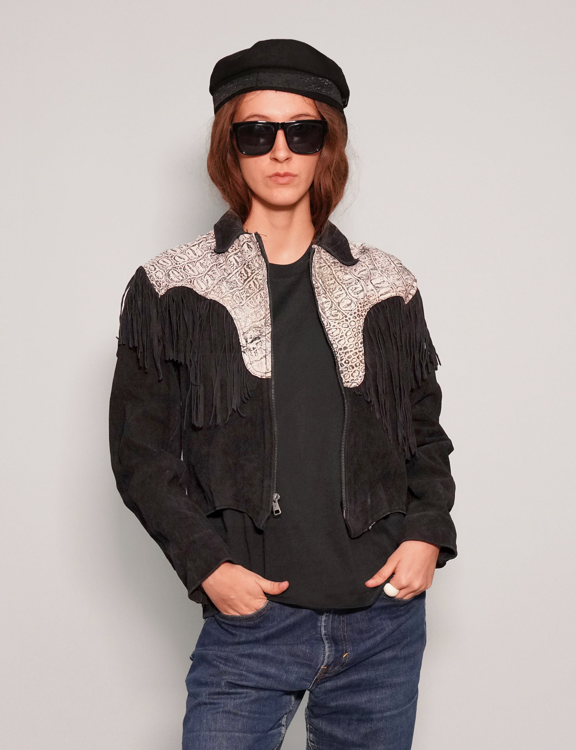 Women's Vintage Two-Tone Leather Fringe Cowboy Jacket in Black | Stuart Trevor