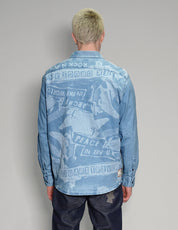'Peace' Laser Print Denim Shirt in Light Blue