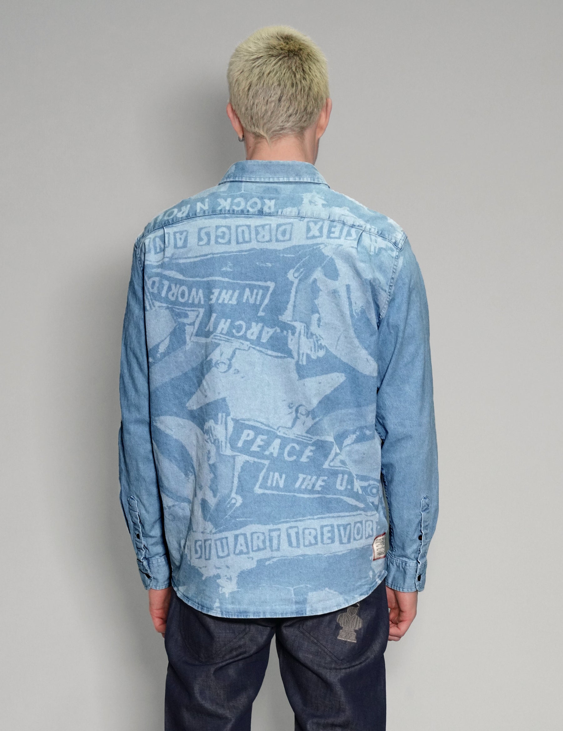 'Peace' Laser Print Denim Shirt in Light Blue