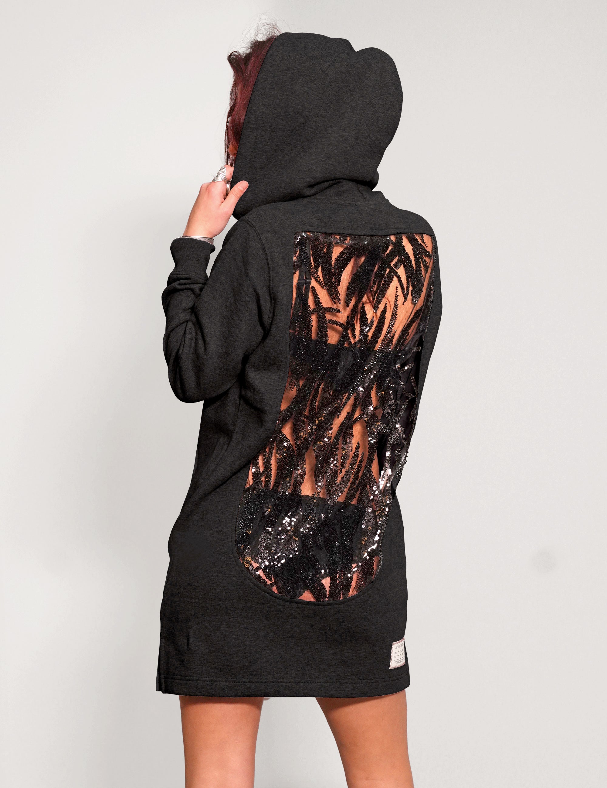 Womens Black Hoodie Dress with Black Sequin Lace Back Stuart Trevor Womens Black Hoodie Dress with Black Sequin Lace Back Stuart Trevor