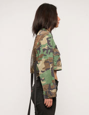 Kurzes Party-Shirt mit Rückenausschnitt – Goldpailletten – Camouflage