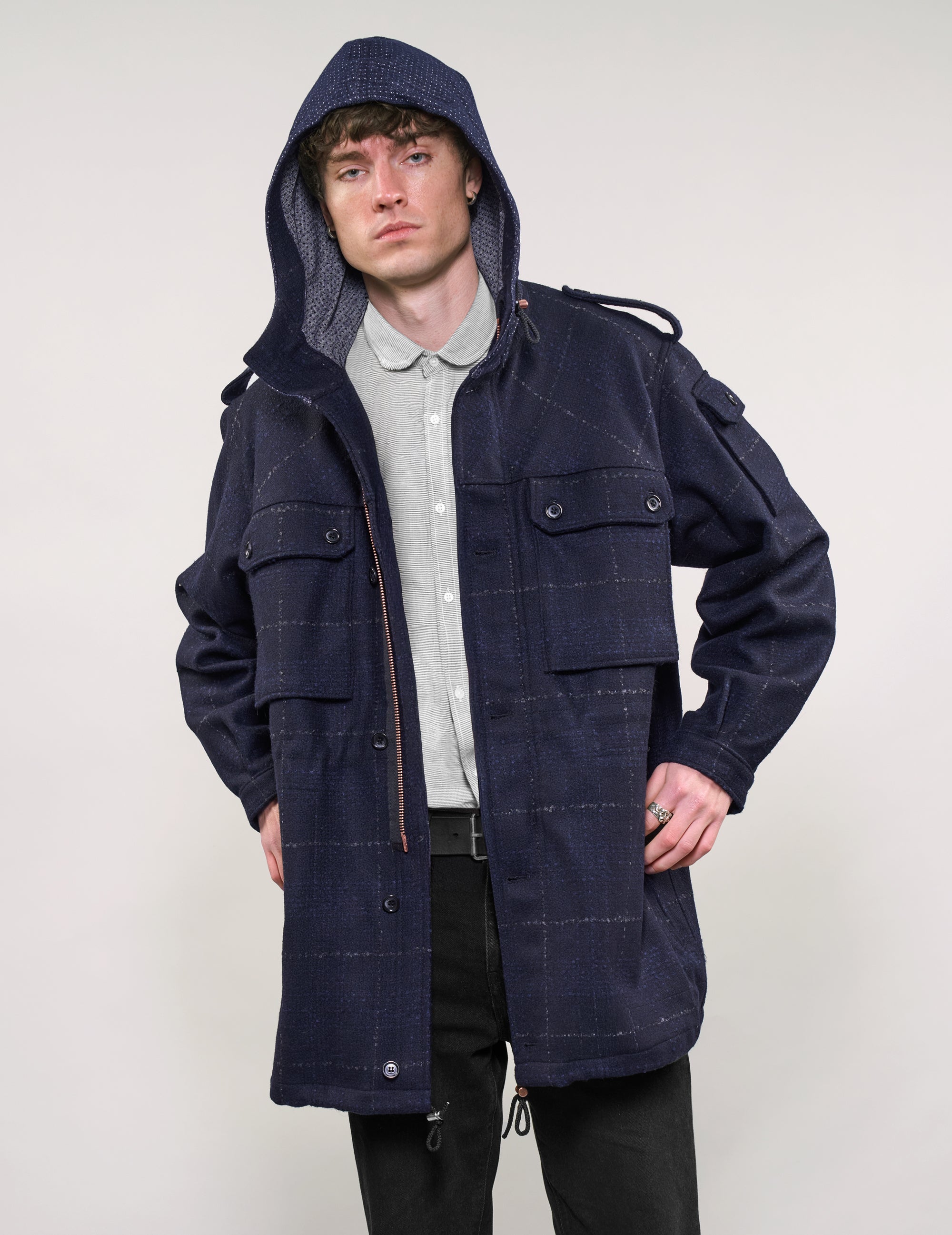 IMMORTAL Hooded Wool Parka in Windowpane Check