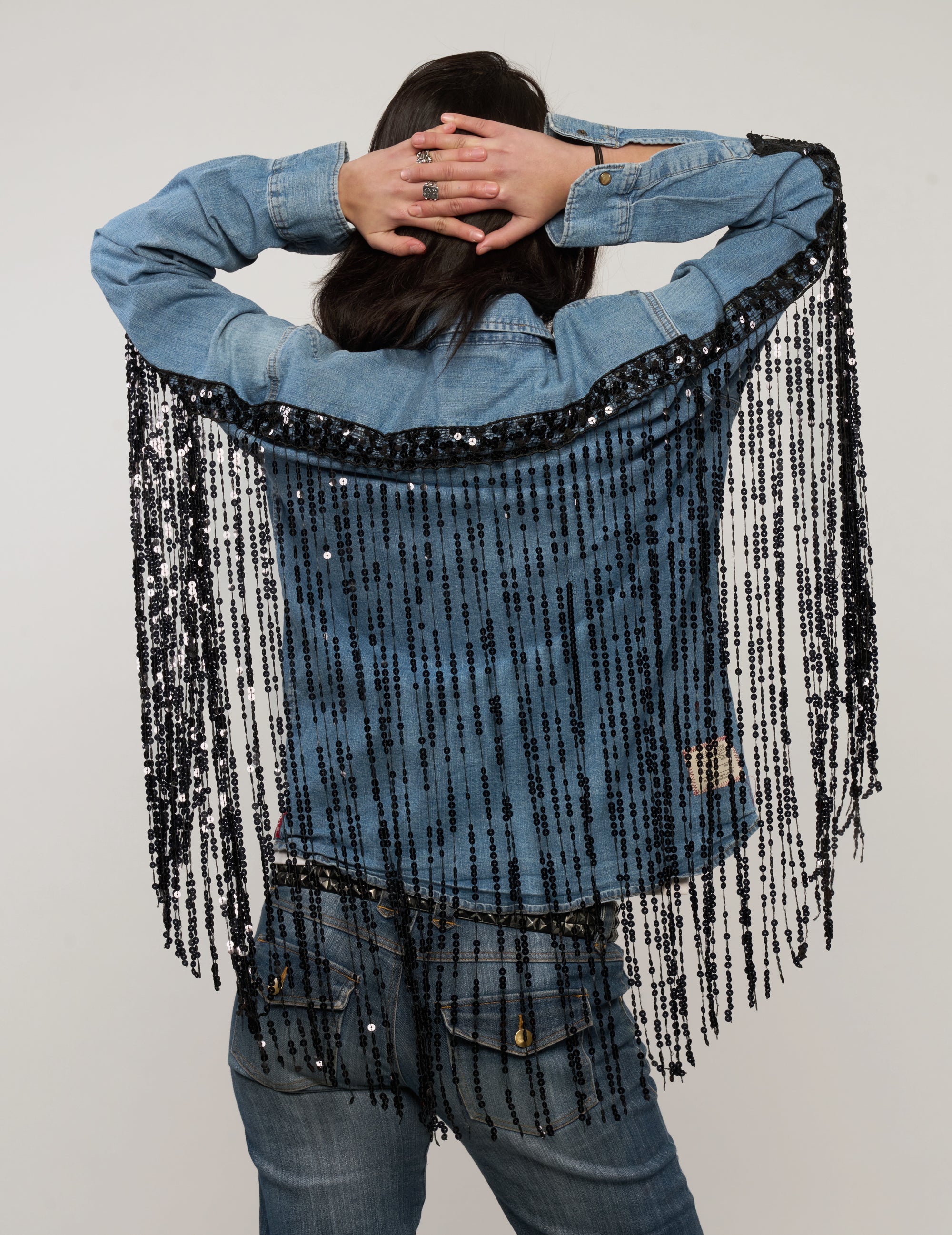 Party Back Sequinned Tassel Denim Shirt