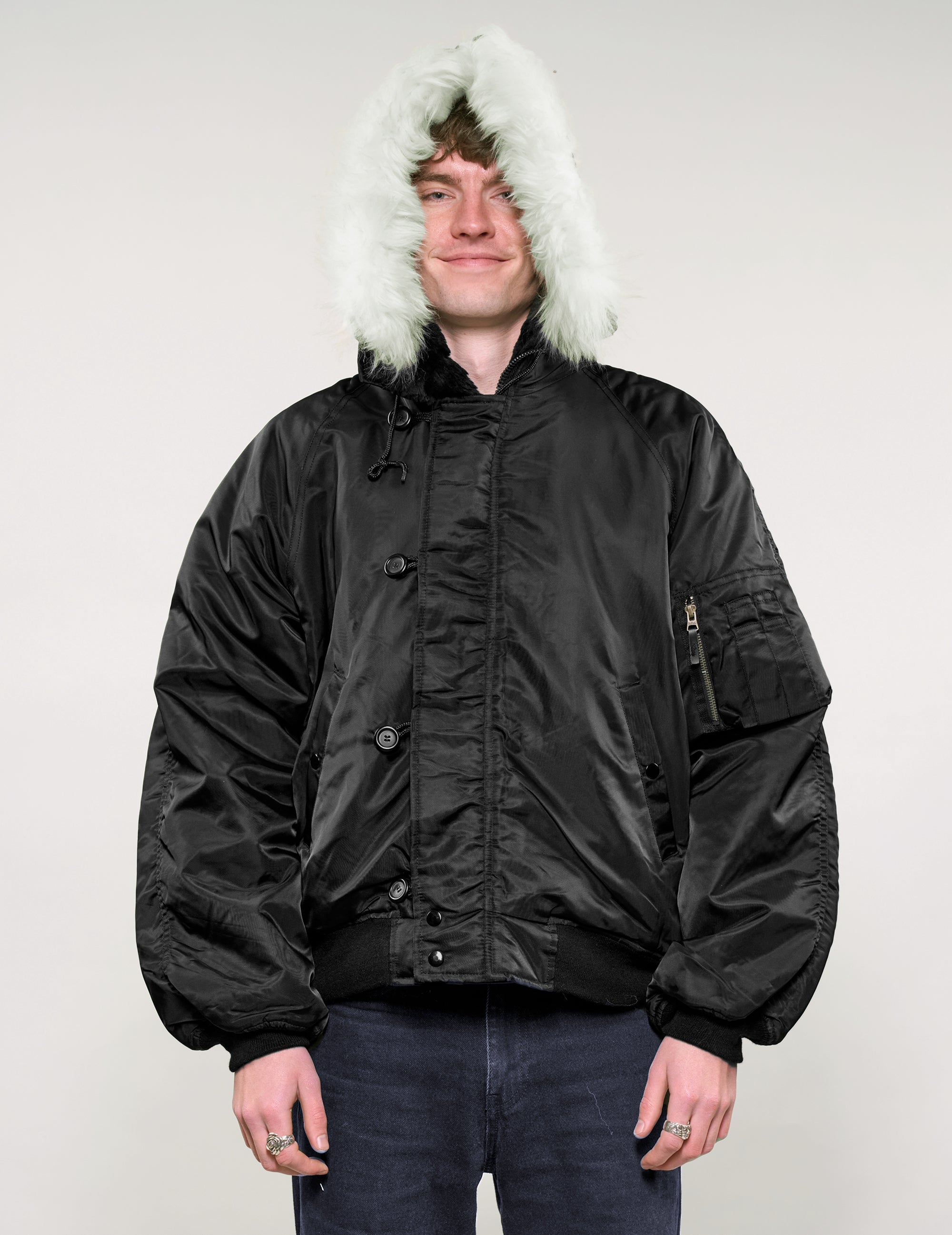 Zipped Hooded Flying Jacket in Black