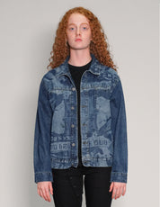 'Peace' Laser Print Denim Jacket in Blue