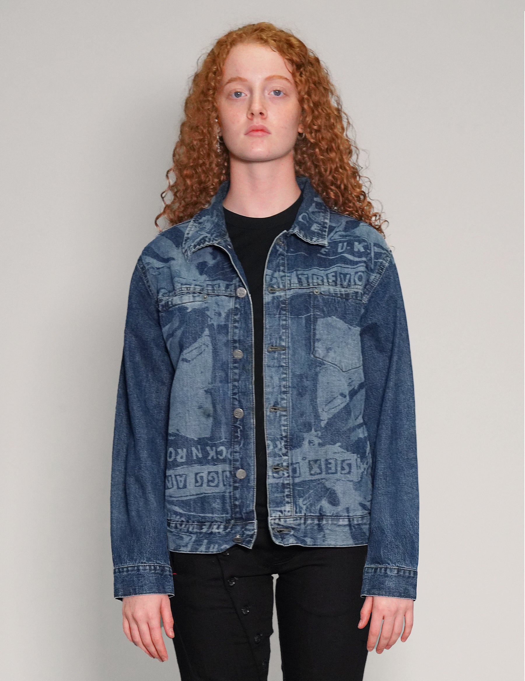 'Peace' Laser Print Denim Jacket in Blue