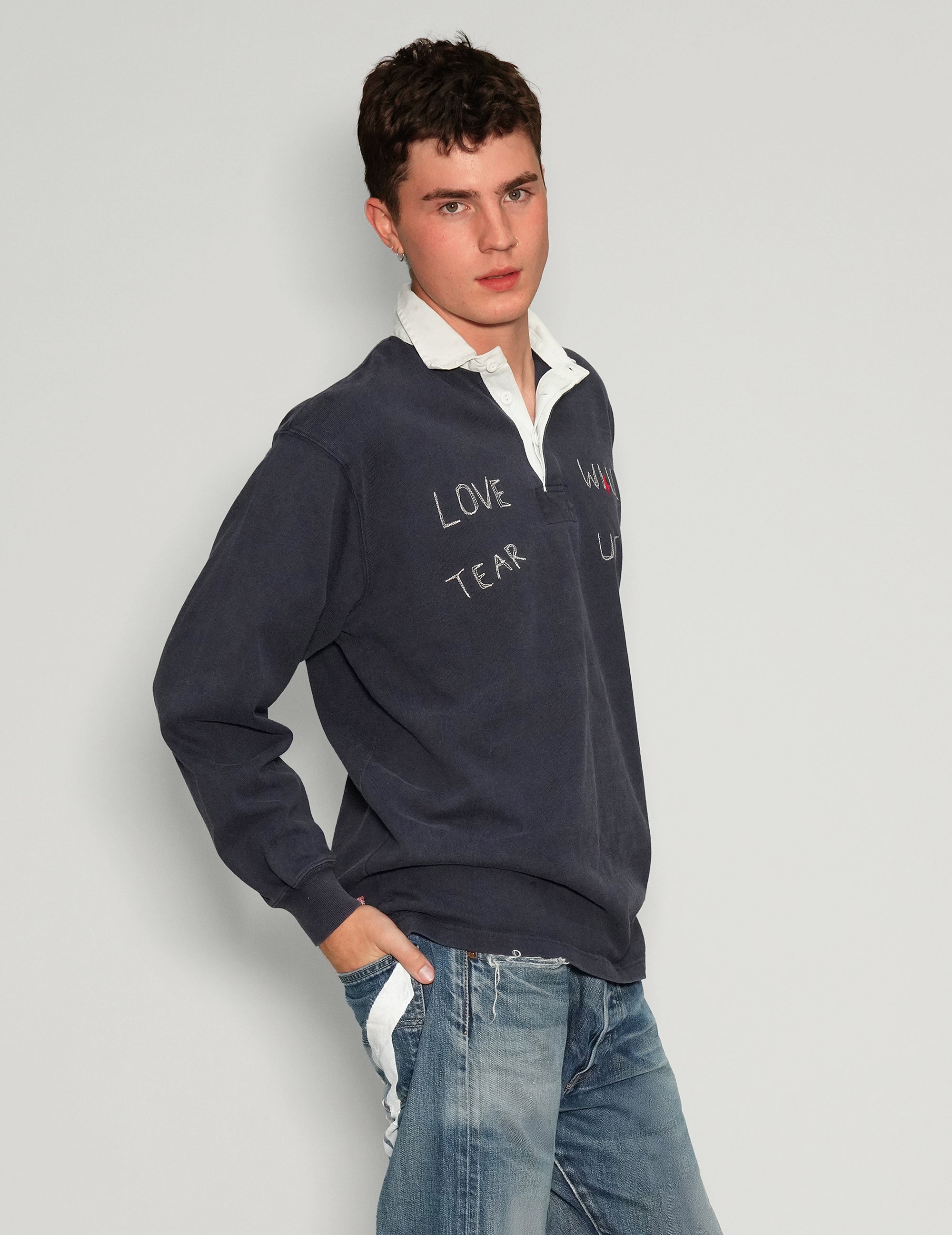 'Love Will Tear Us Apart' Rugby Shirt in Navy