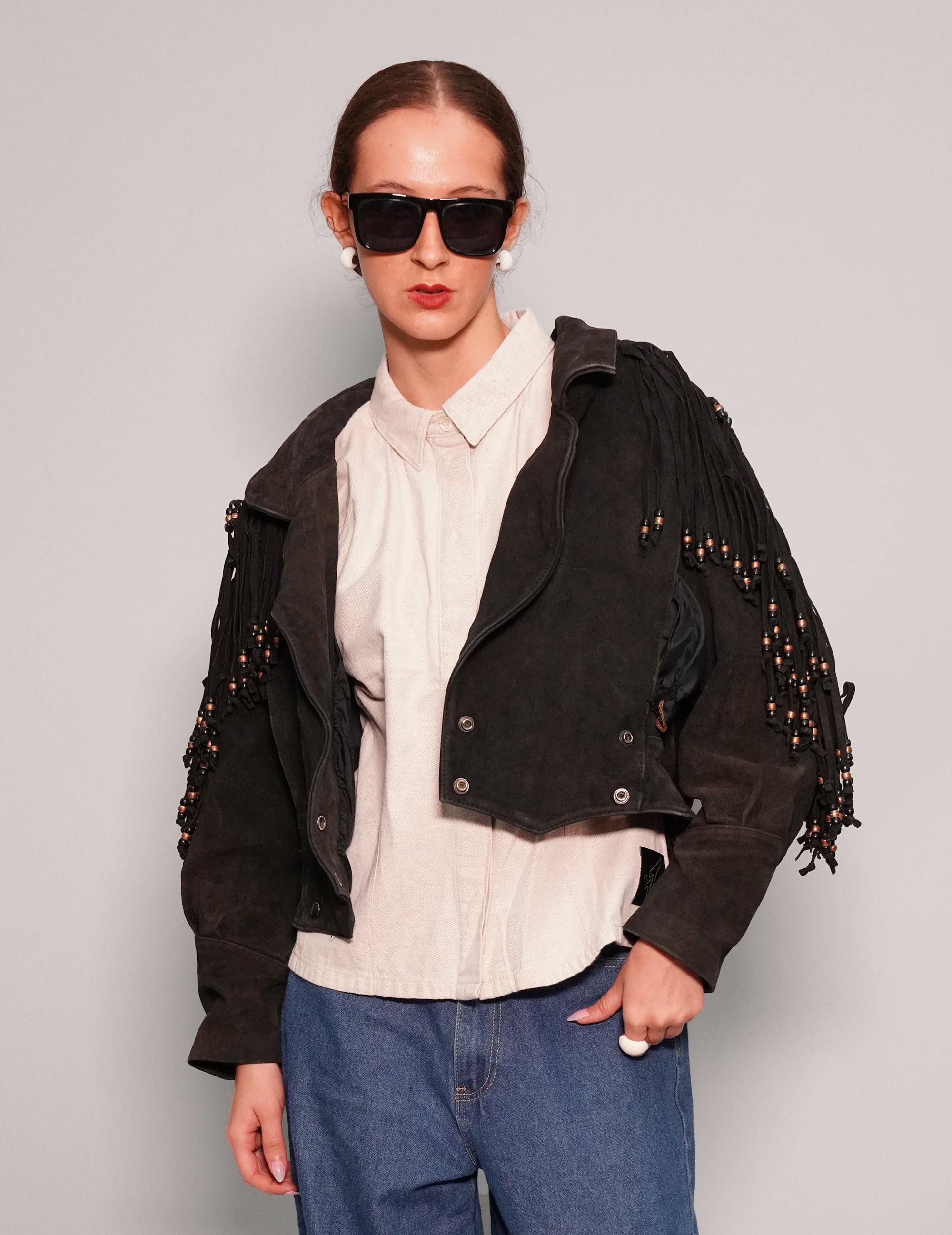 Women's Vintage Suede Beaded Fringe Cowgirl Jacket in Black | Stuart Trevor