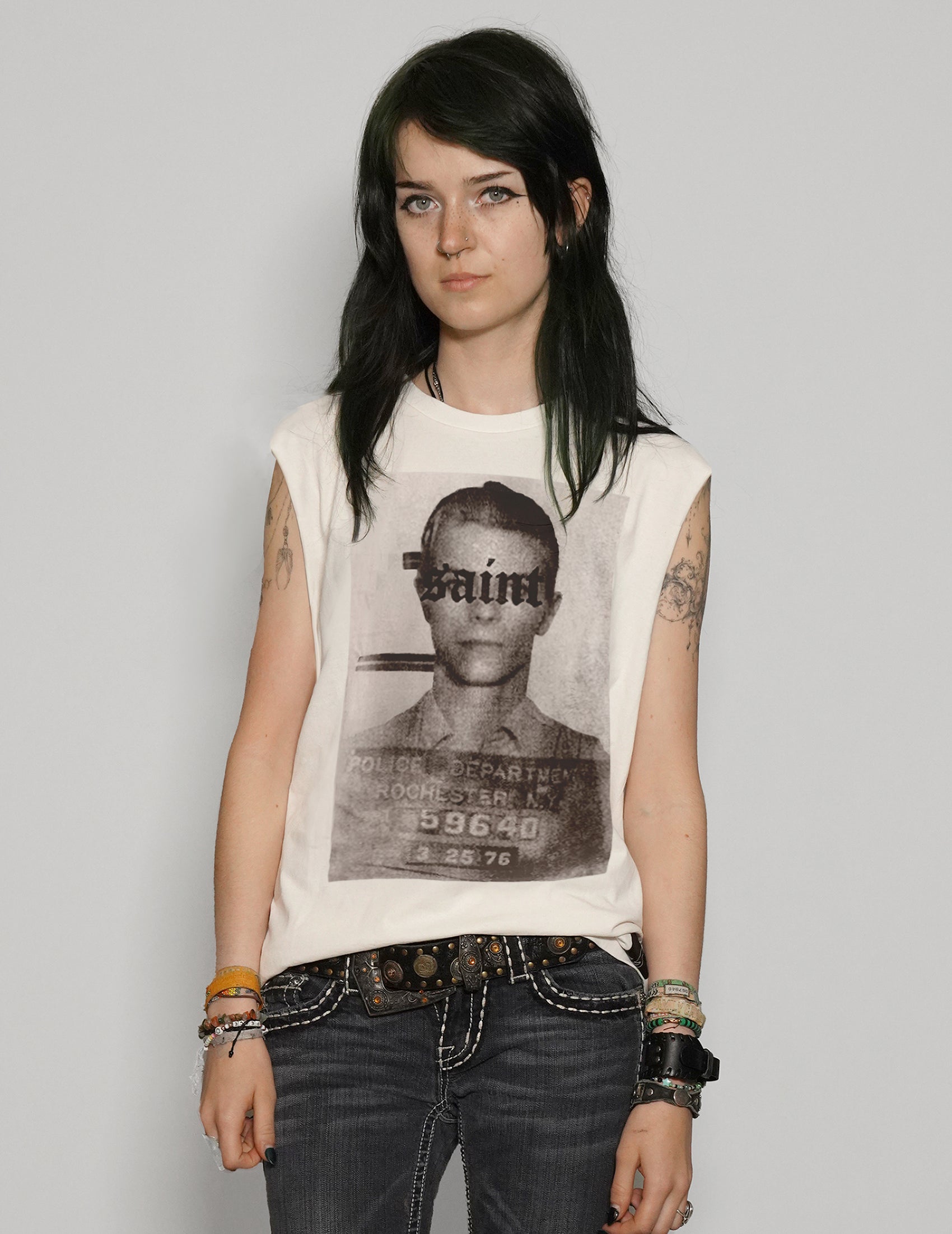 Women's Graphic T-Shirt Vest with David Bowie Print in White | Stuart Trevor