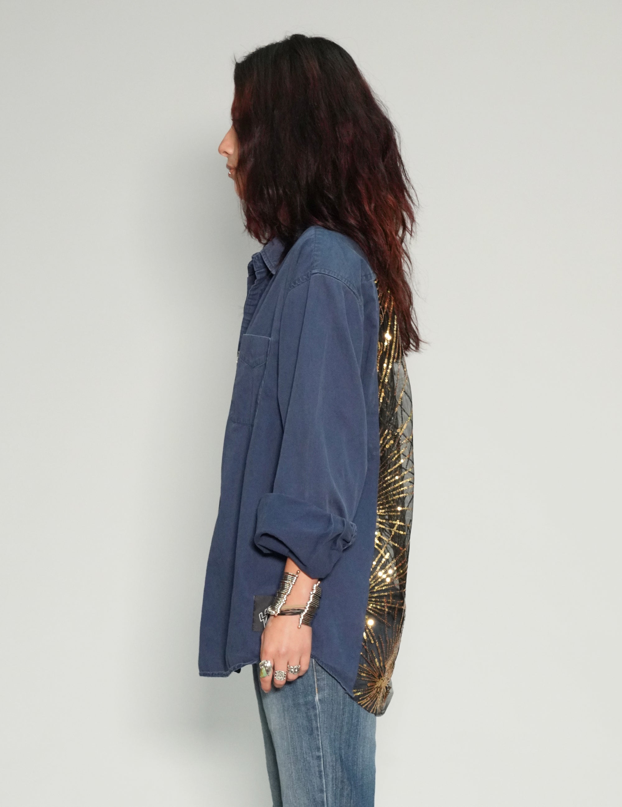 Party Back Shirt - Gold Sequin - Blue Cotton
