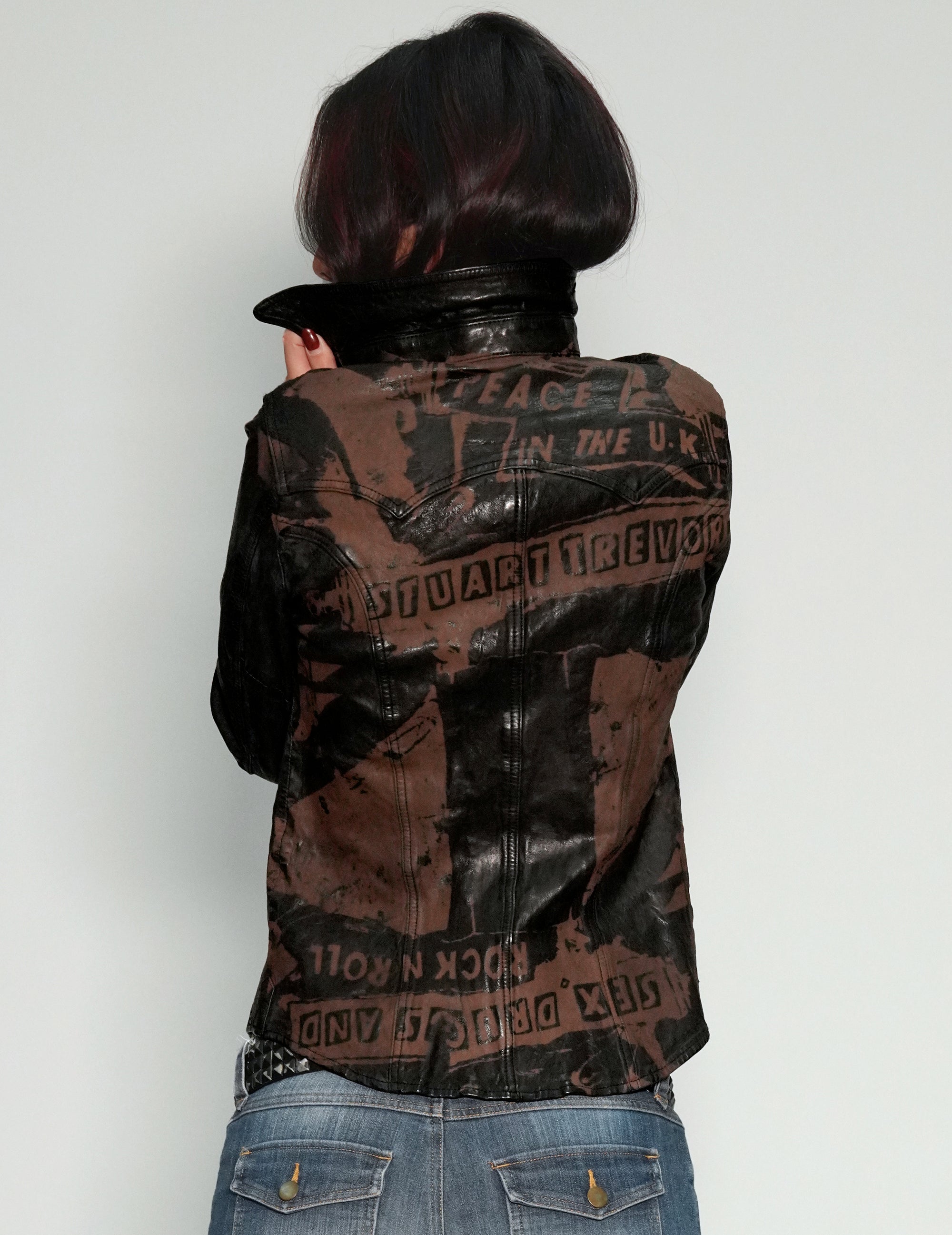 Women's Vintage Leather Jacket with Laser Print | Stuart Trevor