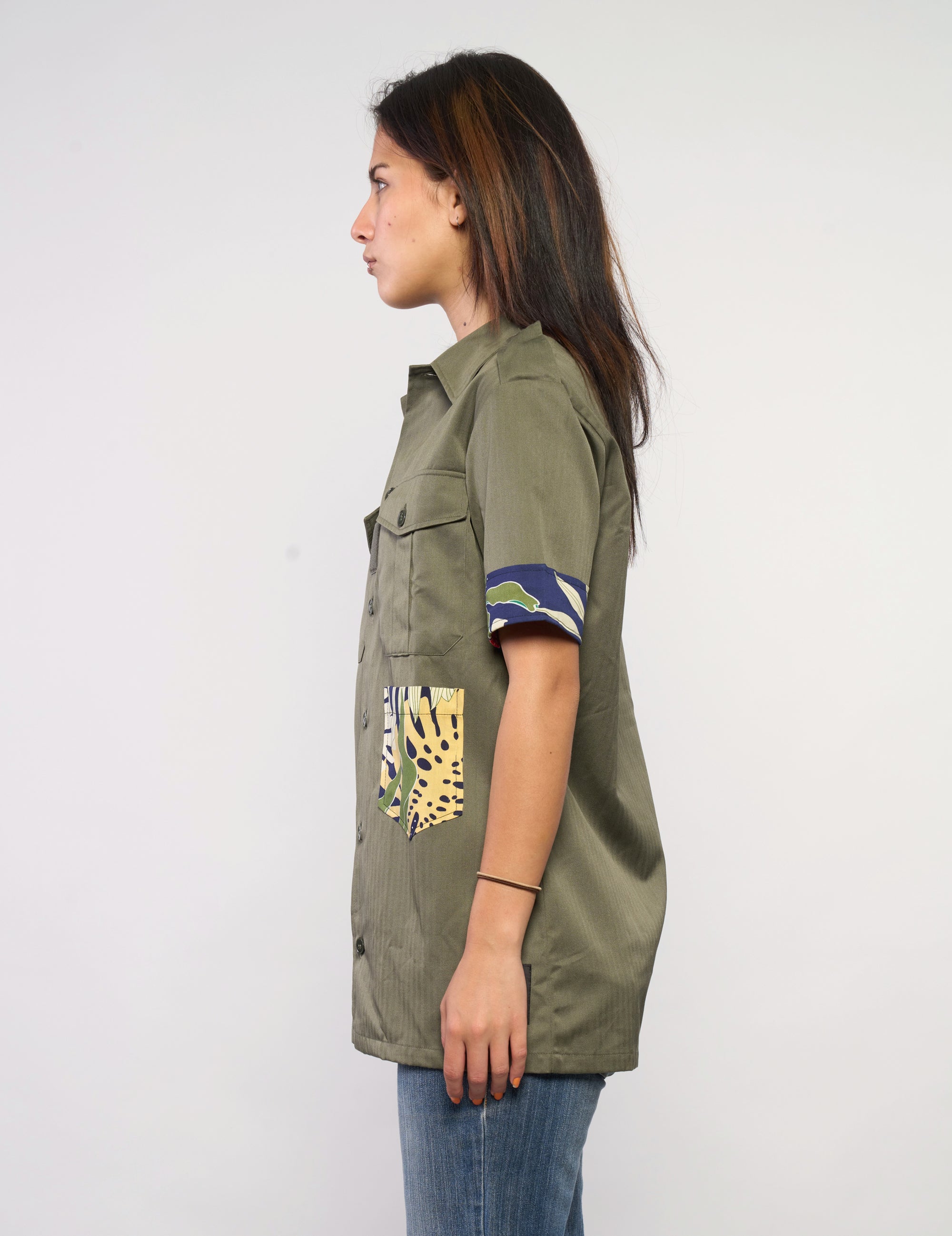 Tropical Patch Military Shirt in Olive Green