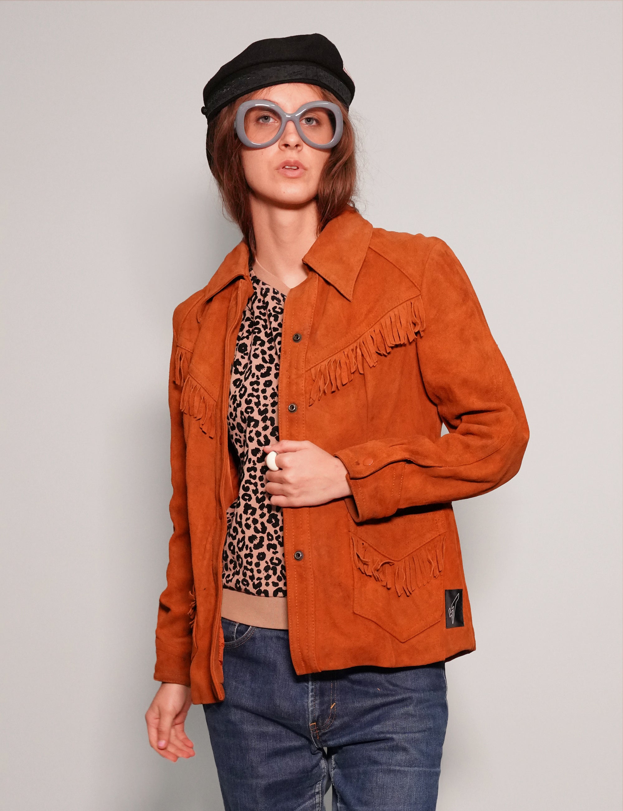 Women's Vintage Fringe Leather Cowgirl Jacket in Orange | Stuart Trevor