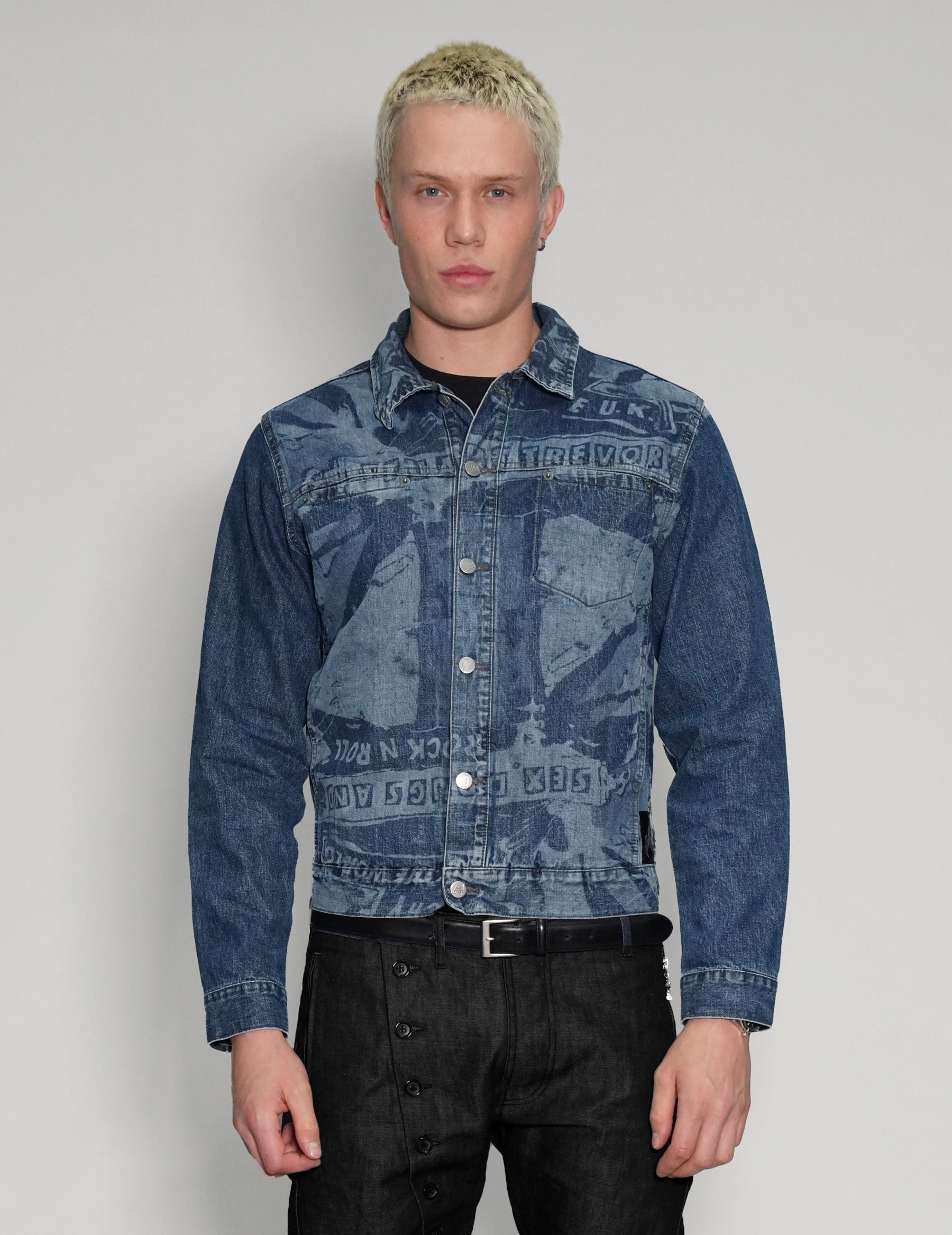 'Peace' Laser Print Denim Jacket in Blue