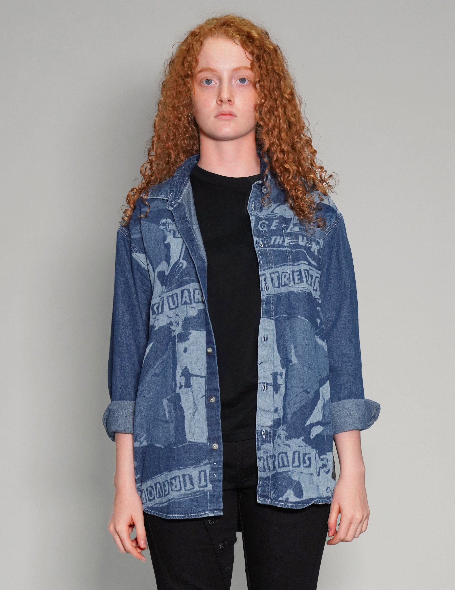 'Peace' Laser Print Denim Shirt in Blue