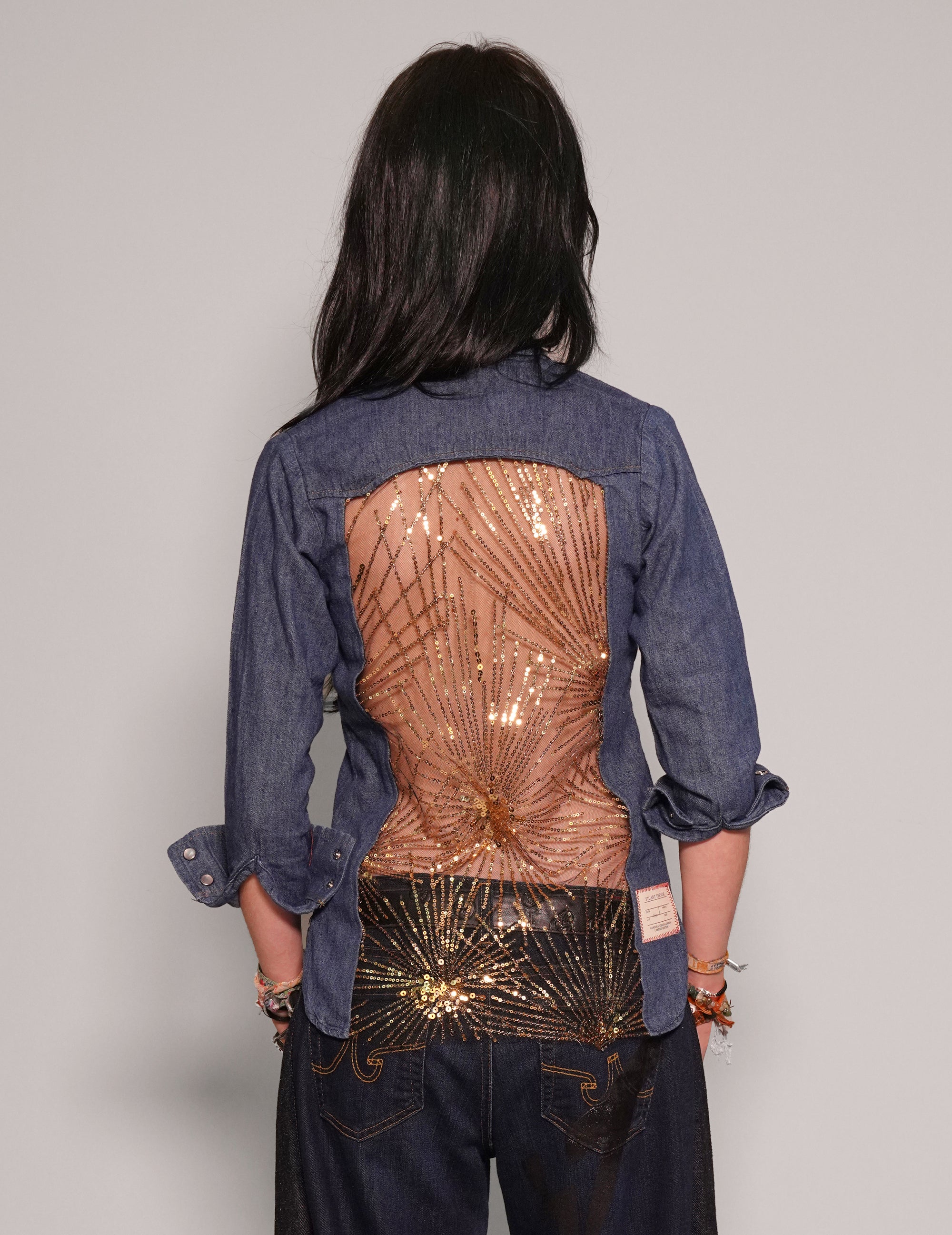 Women's Vintage Blue Denim Slim Fit Shirt with Gold Sequin Back | Stuart Trevor