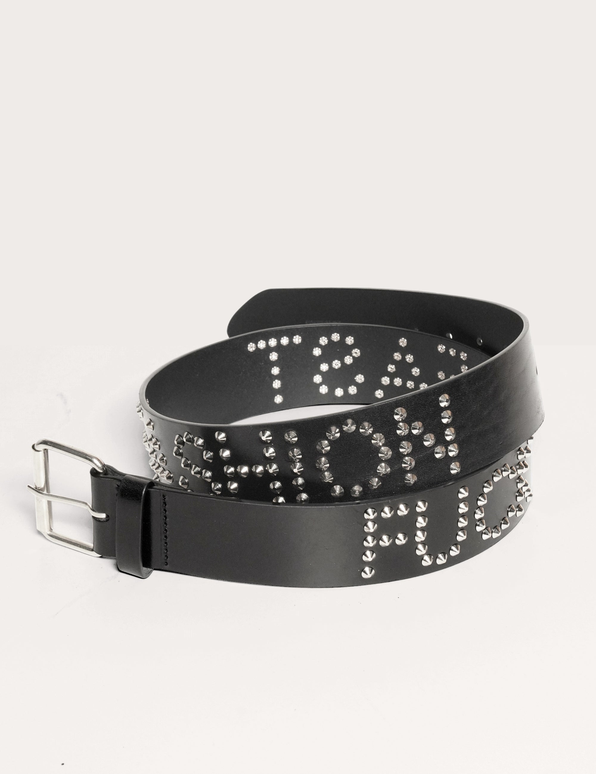 Black Leather Studded Belt with 'Fuck Fast Fashion' | Stuart Trevor