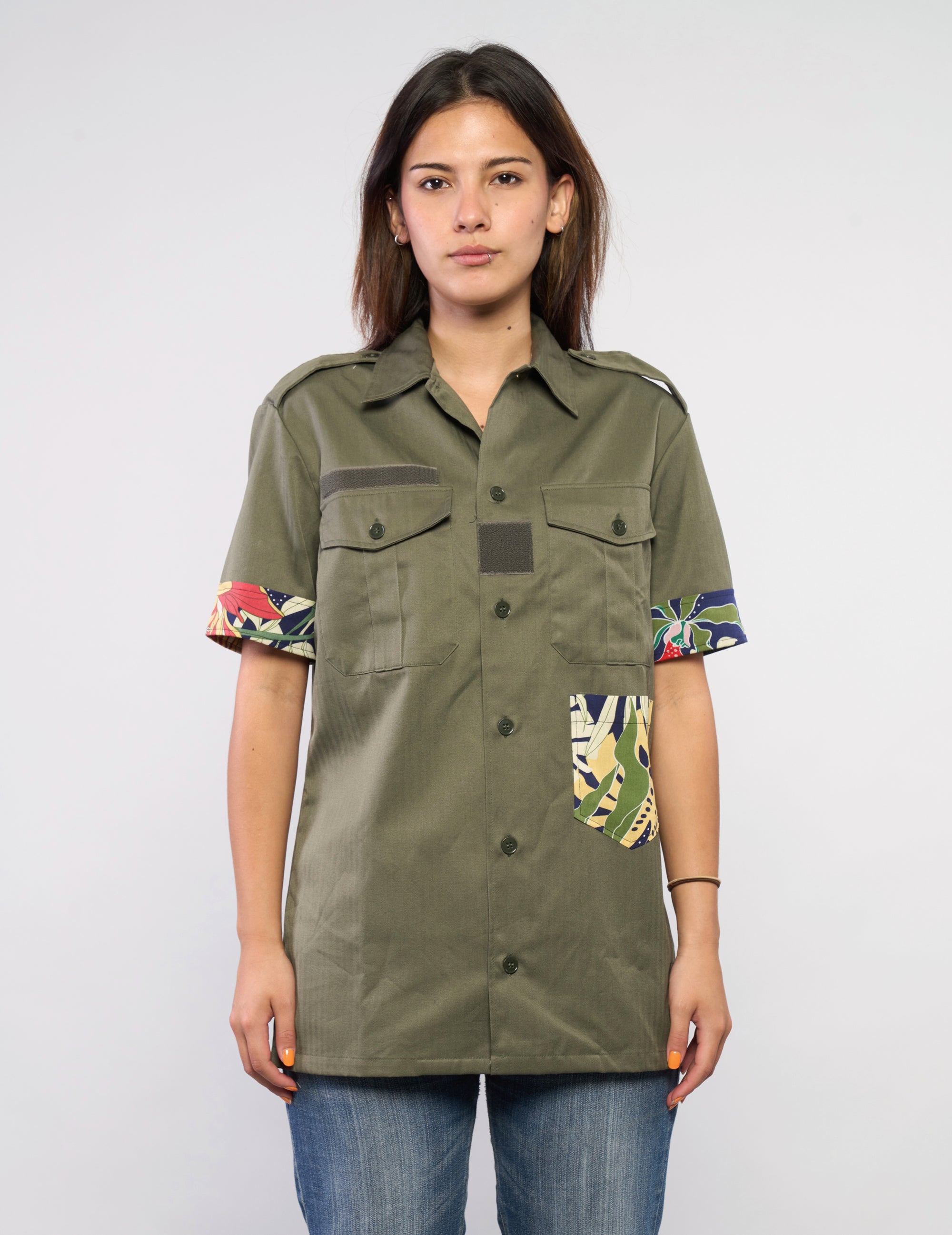 Tropical Patch Military Shirt in Olive Green
