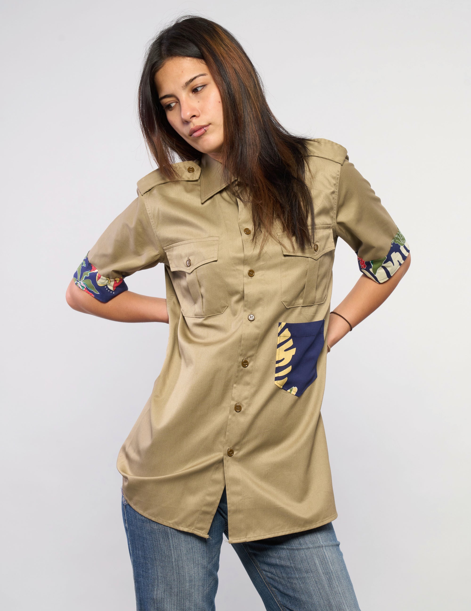 Tropical Patch Military Shirt in Khaki