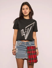 Tartan Patch Denim Skirt with Safety Pin Trim