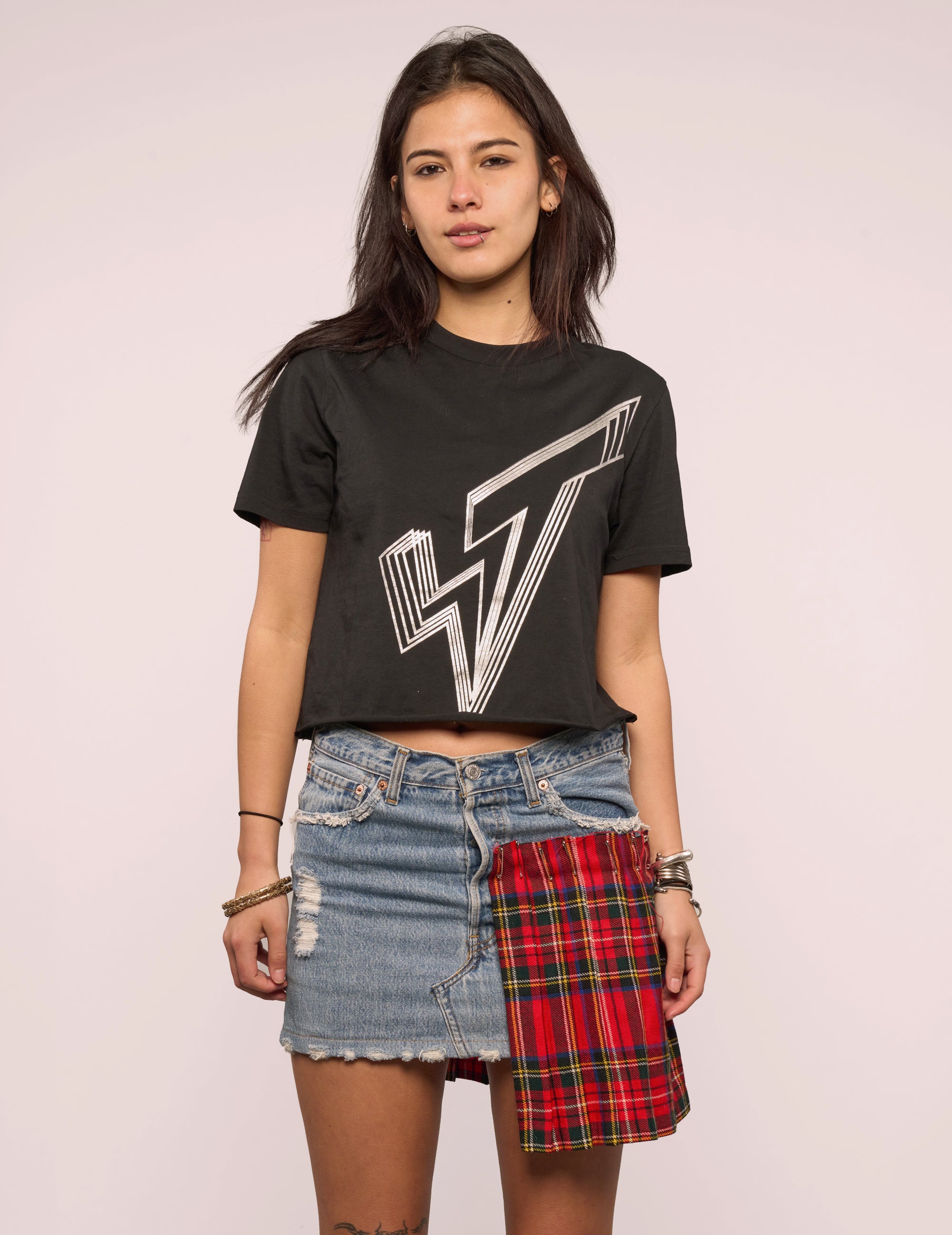 Tartan Patch Denim Skirt with Safety Pin Trim
