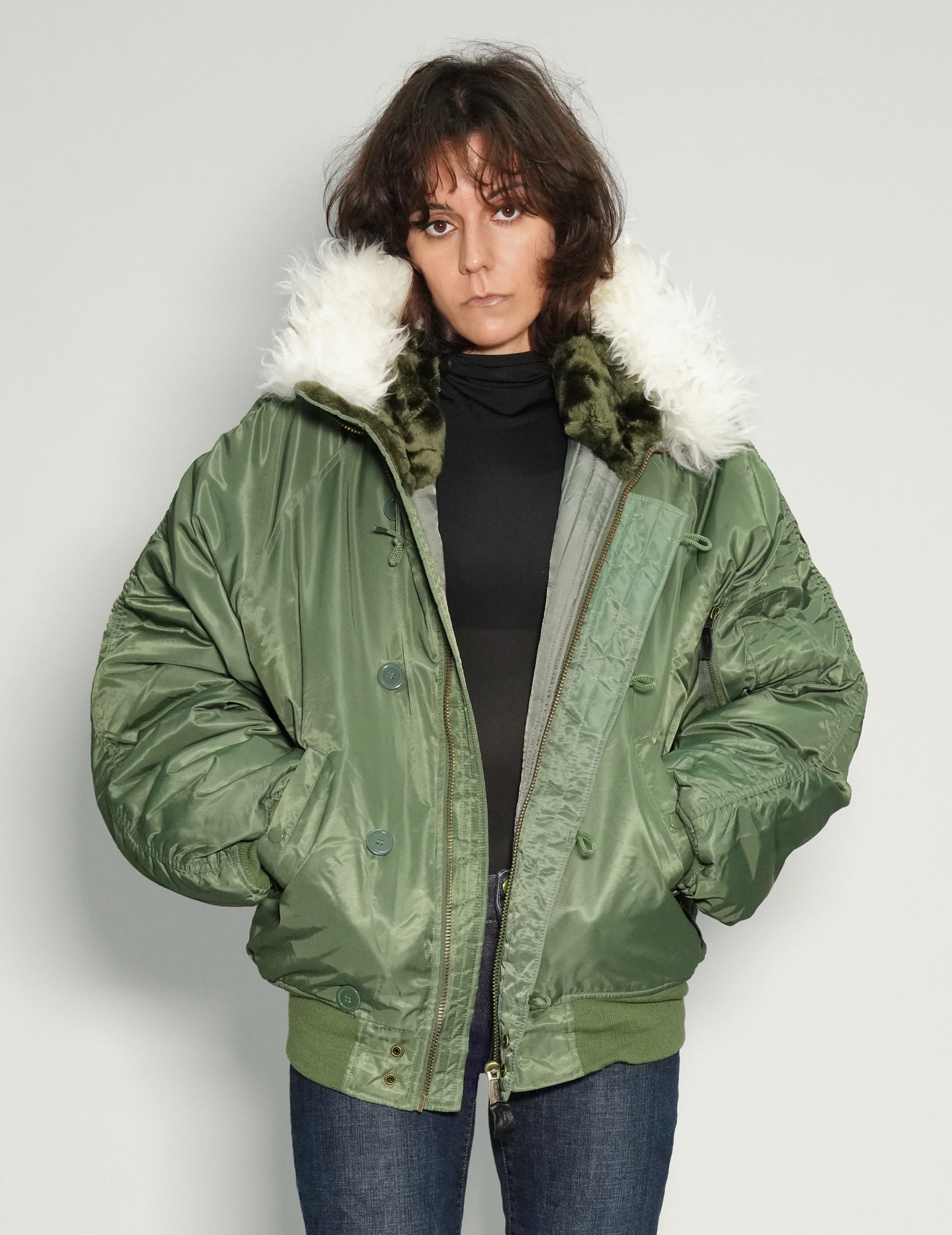 Women's Vintage Flying Jacket with Fur Hood in Khaki Green | Stuart Trevor