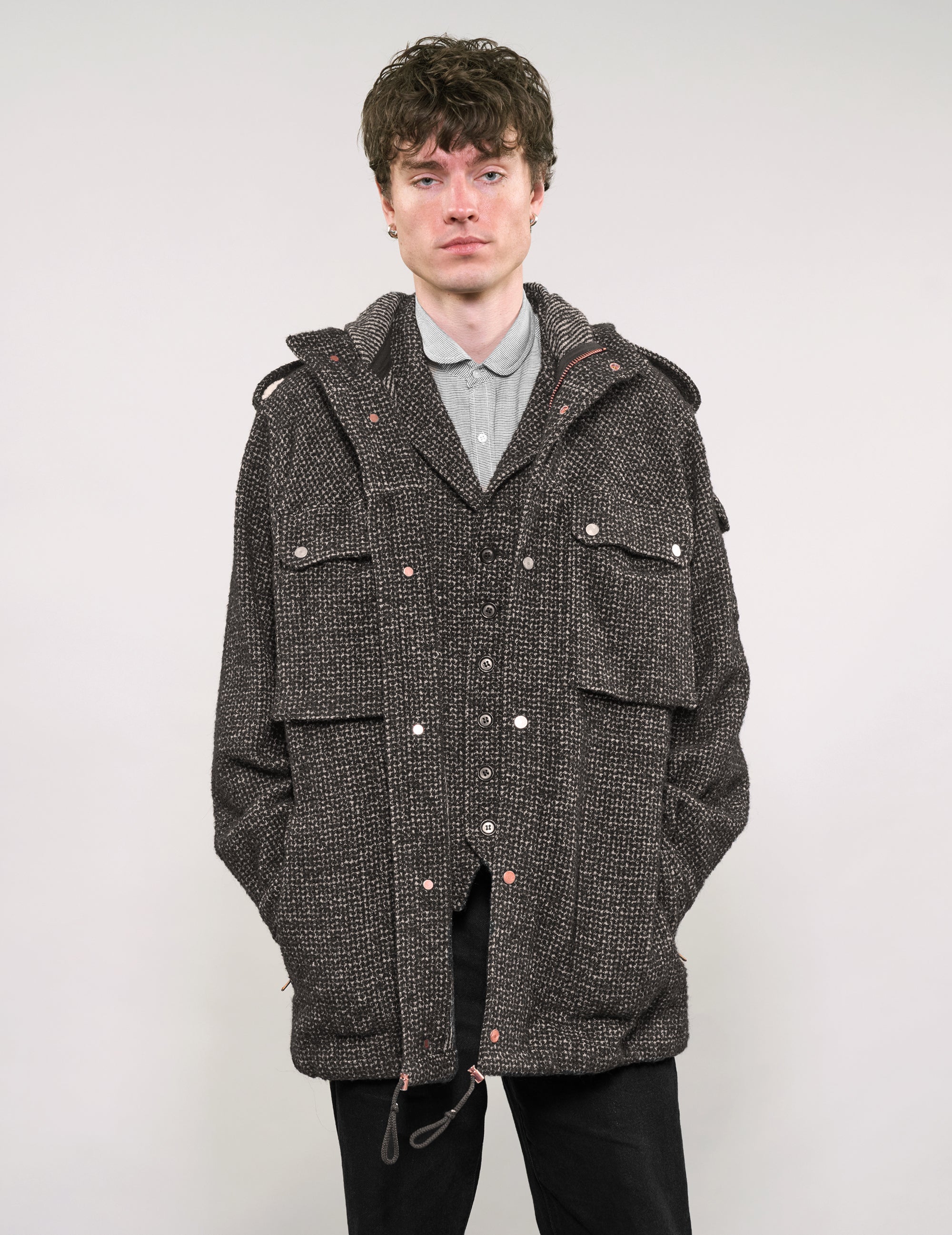 IMMORTAL Hooded Parka in Tweed Charcoal and Black