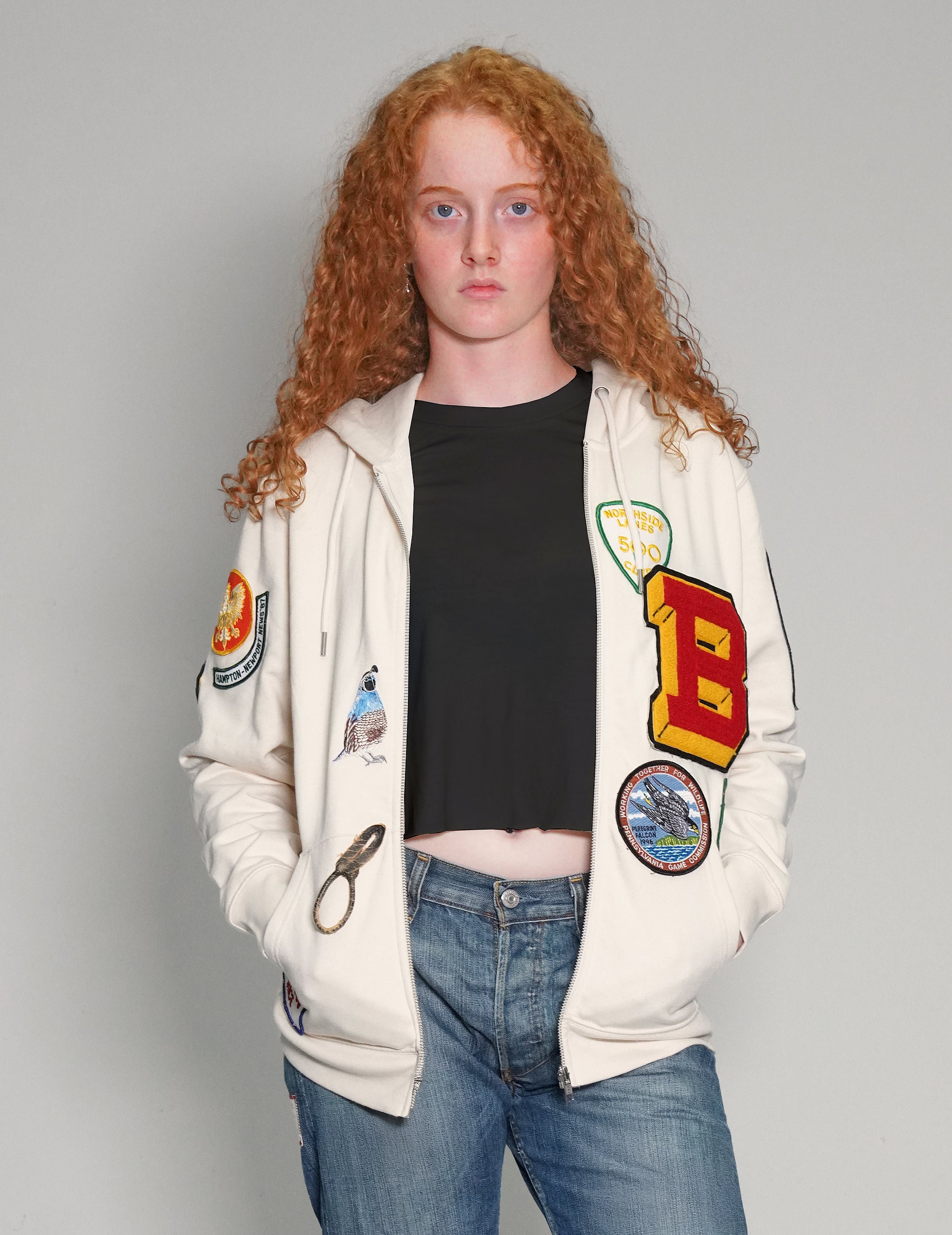 Patched Zip Hoodie in Ecru