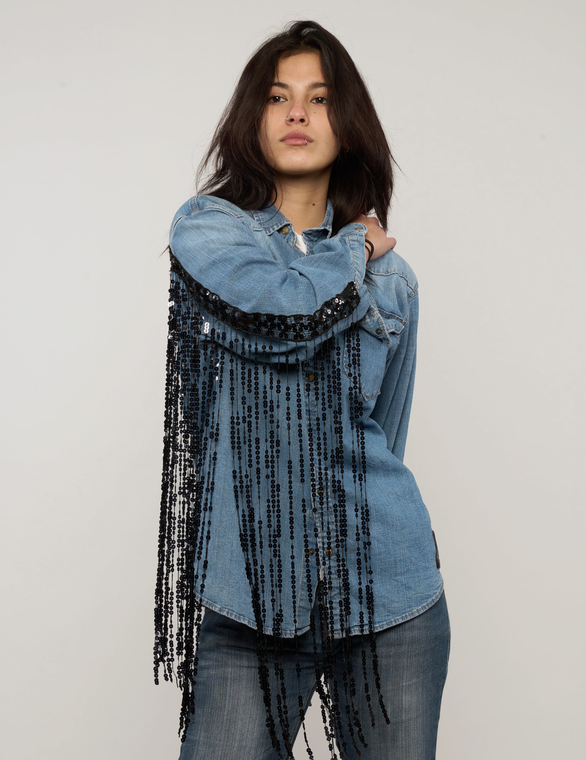 Party Back Sequinned Tassel Denim Shirt