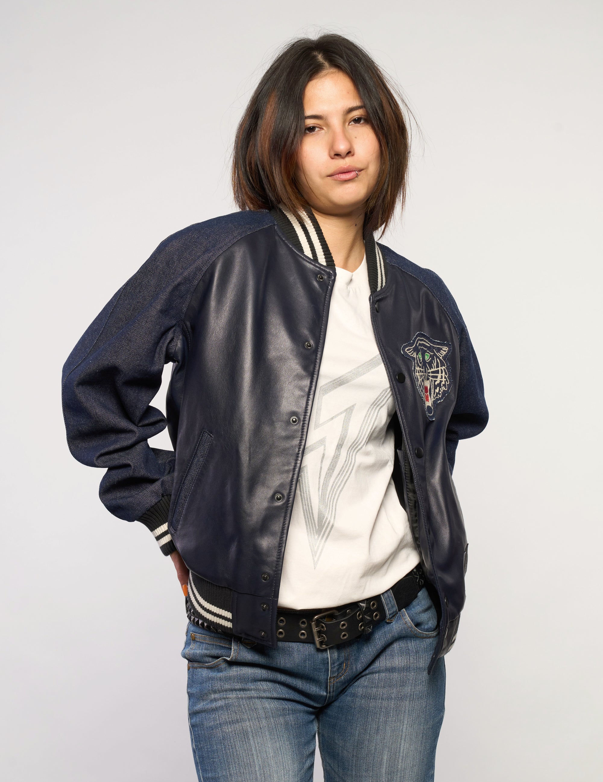 Vintage Navy Leather Varsity Jacket