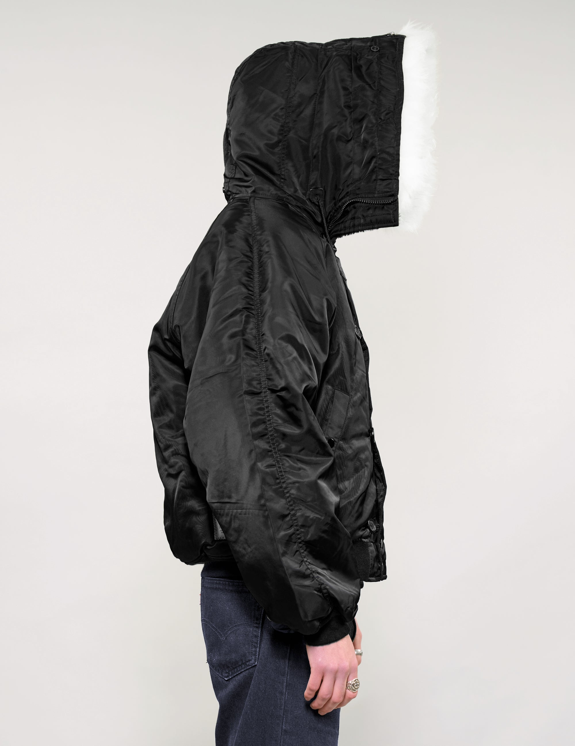 Zipped Hooded Flying Jacket in Black