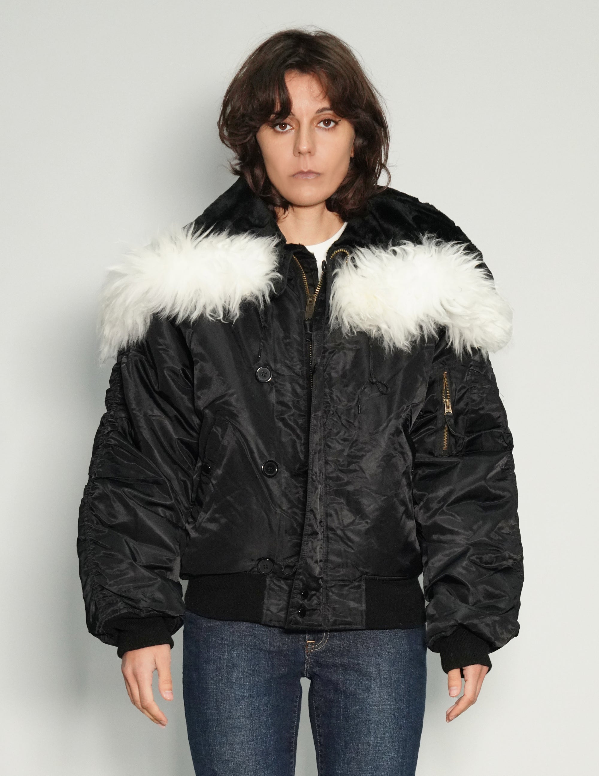 Zipped Hooded Flying Jacket in Black