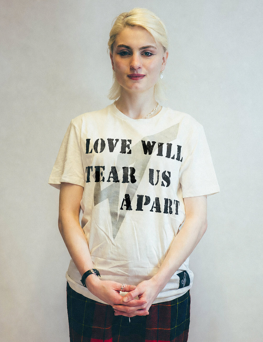 'Love Will Tear Us Apart' Silver Logo T-Shirt in Ecru