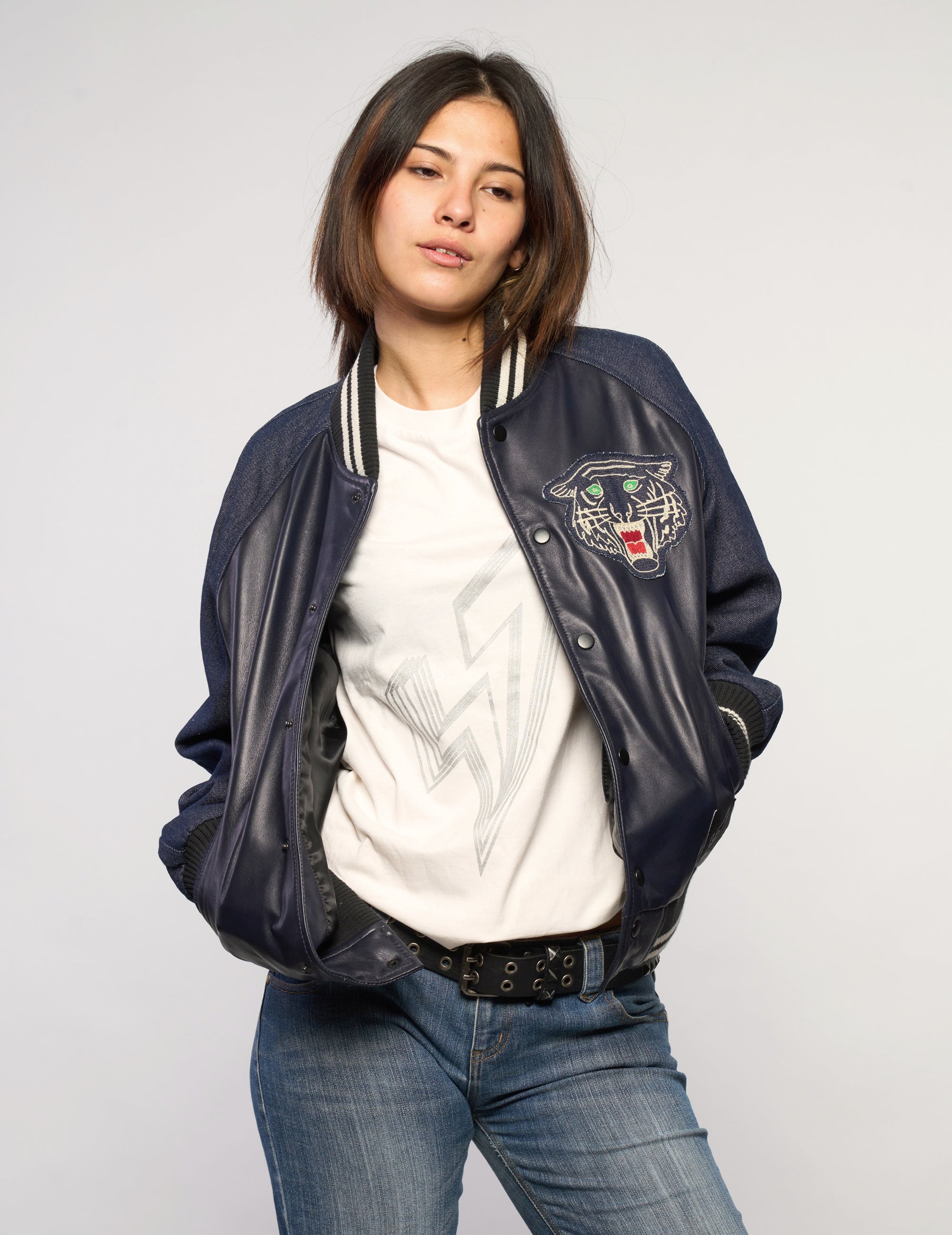 Vintage Navy Leather Varsity Jacket