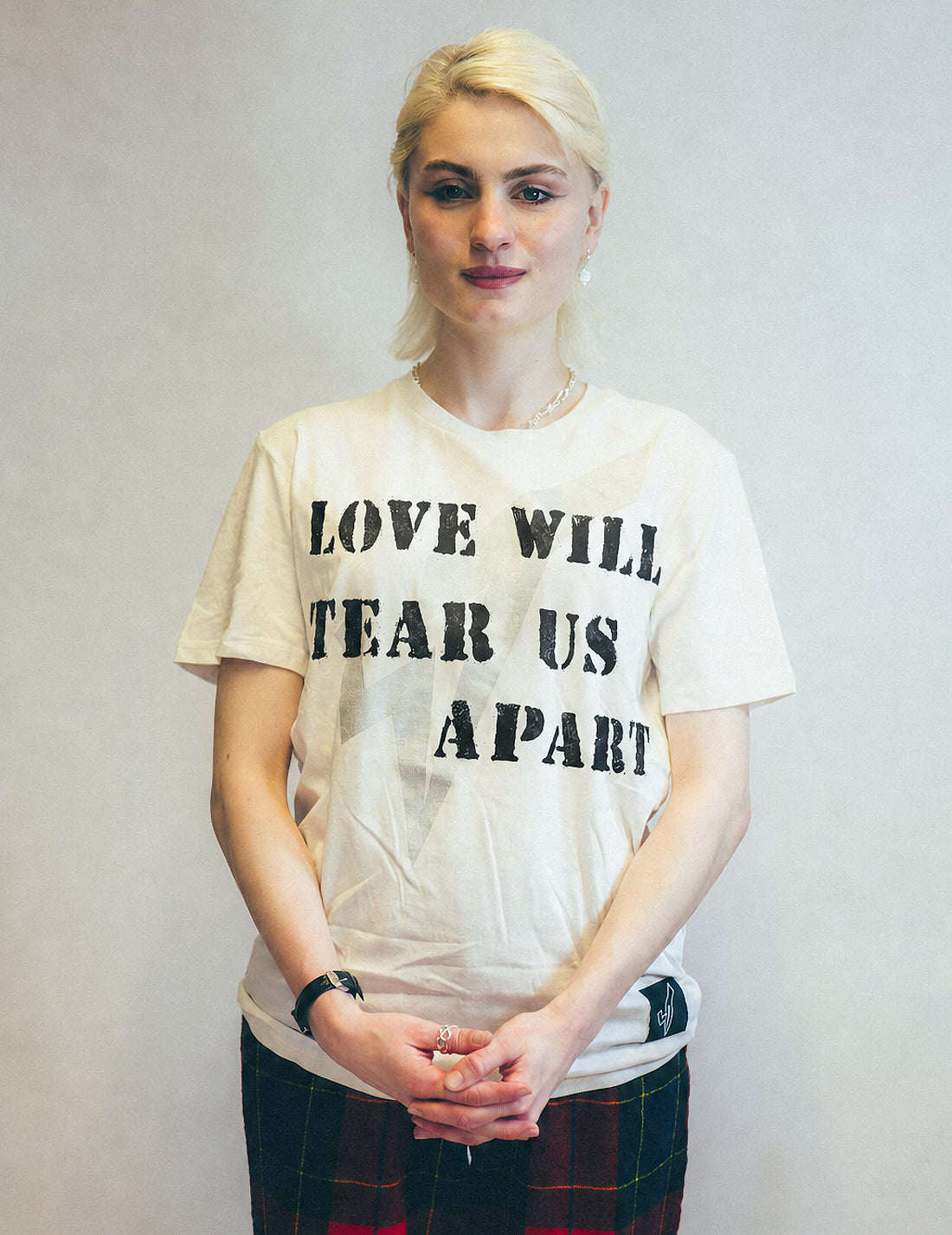 'Love Will Tear Us Apart' Silver Logo T-Shirt in Ecru
