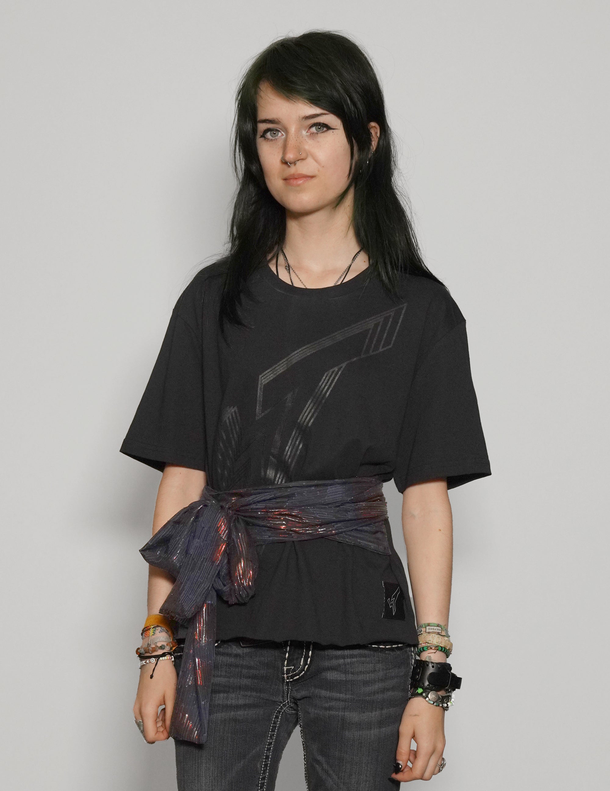 Women's Black T-Shirt with Blue & Gold Sequin Tie Waist | Stuart Trevor