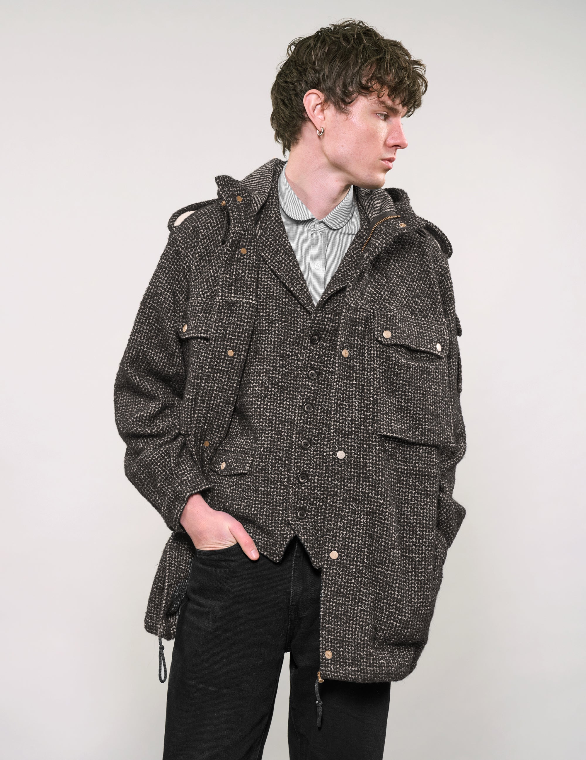 IMMORTAL Hooded Parka in Tweed Charcoal and Black