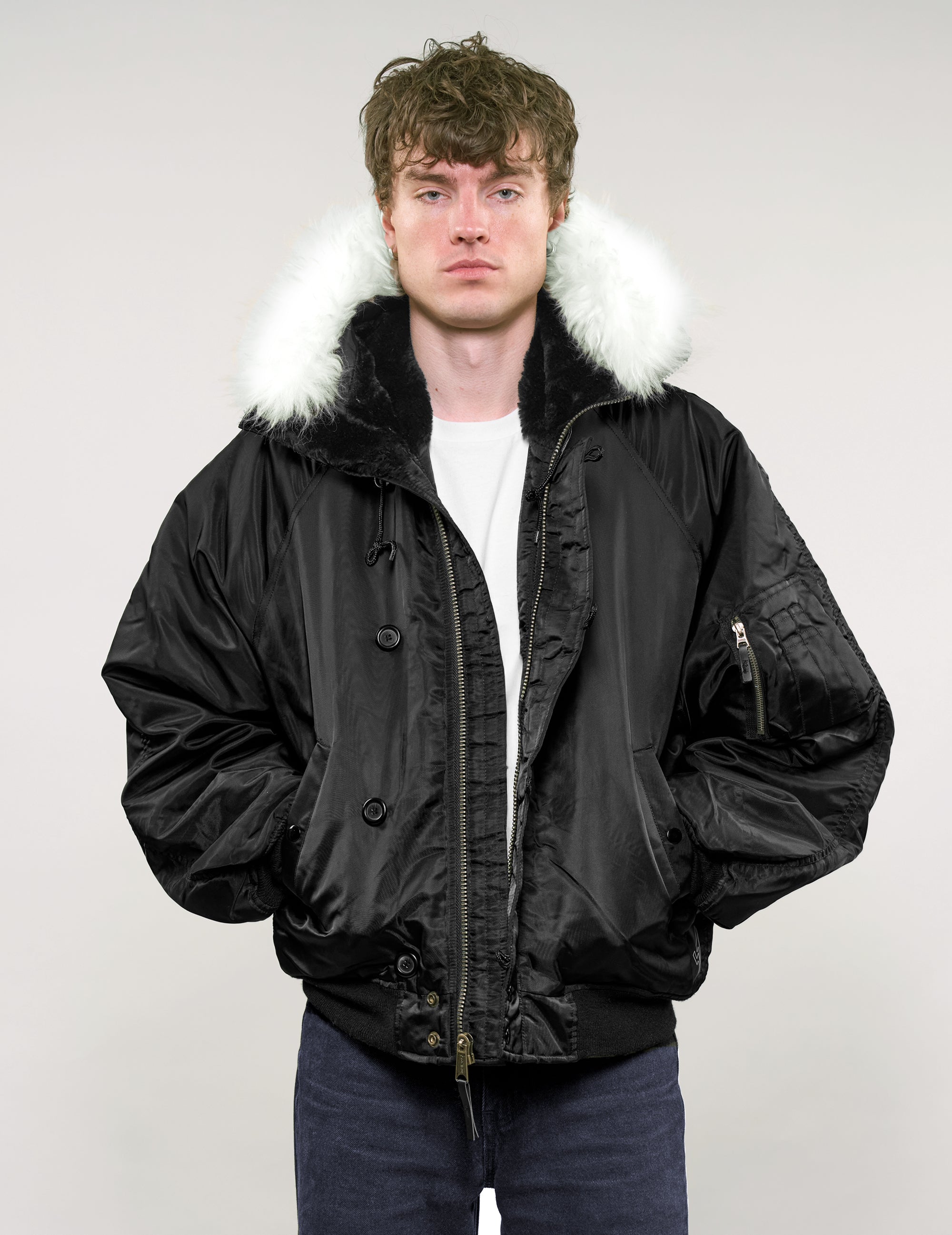 Zipped Hooded Flying Jacket in Black