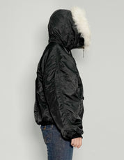 Zipped Hooded Flying Jacket in Black